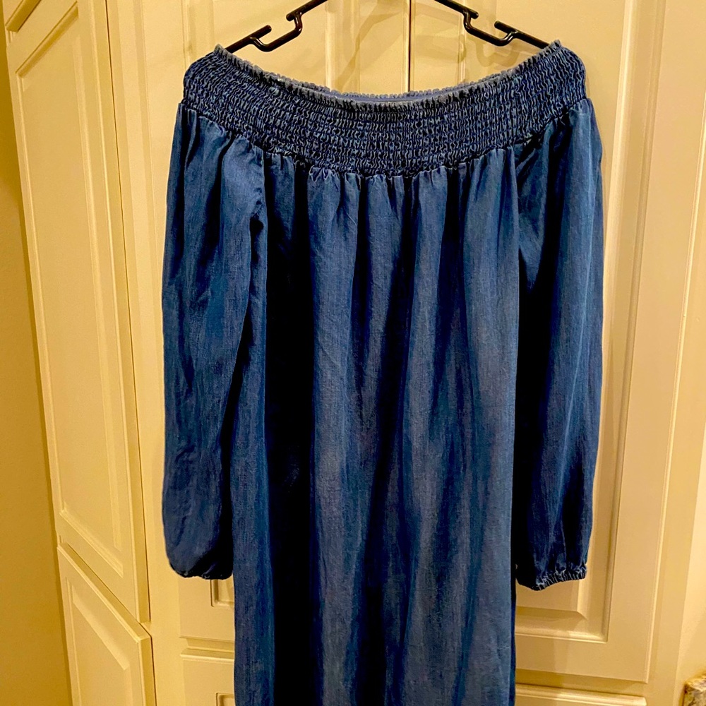 Denim maternity off the shoulder dress